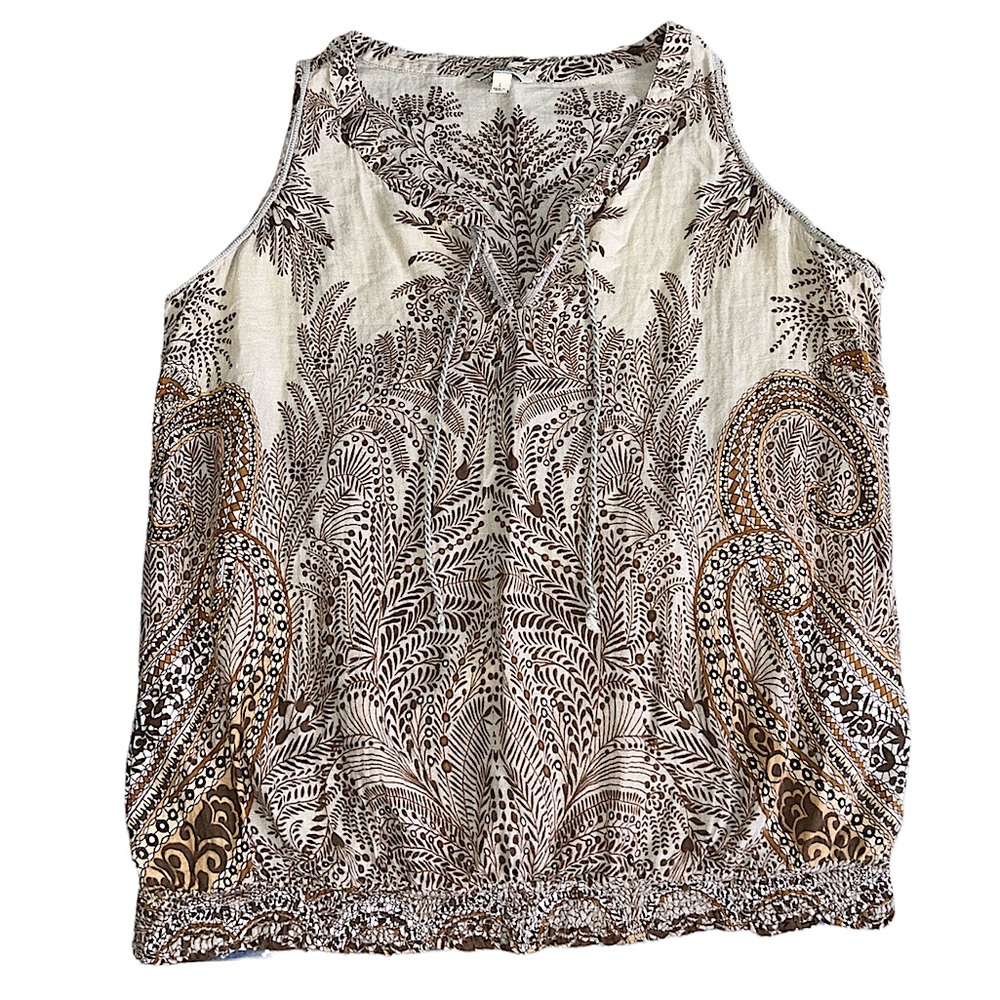 Sonoma Boho Tribal Sleeveless Blouse Elastic Bottom Rope Detail Neckline